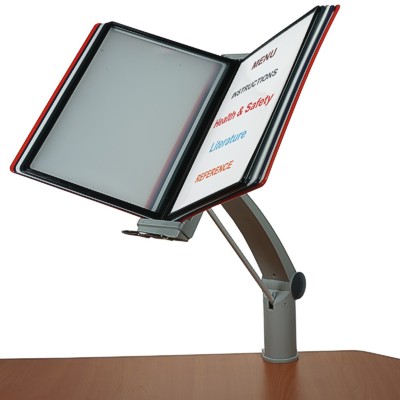 Adjustable flip display which clamps onto a table edge