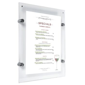 Acrylic picture frame displaying a menu