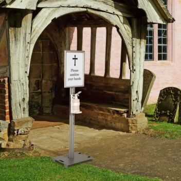 Outdoor hand sanitiser stand outside a church