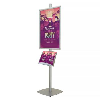 Poster stand with brochure shelf advertising a club night