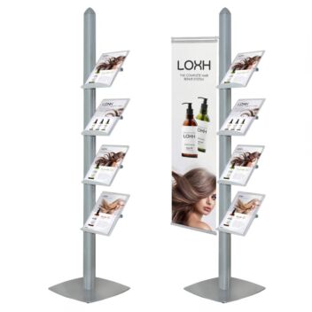 4 shelf brochure stand with and without banner