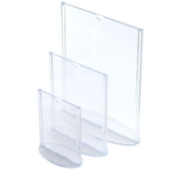 3 sizes of clear acrylic table menu holders with an oval base