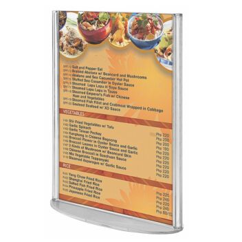 This clear acrylic menu table talker keeps menus clean and easy to read