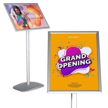 Angled menu-board floor signs displaying information in portrait and landscape orientations