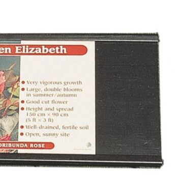 Black label track holds garden centre information cards