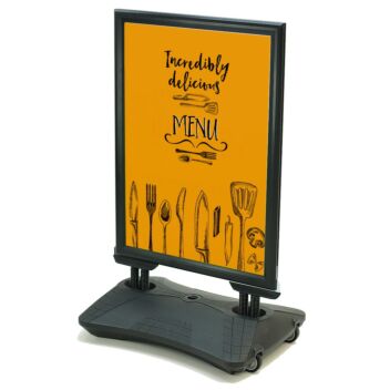 Black pavement signboard with heavy-duty water base for poster display
