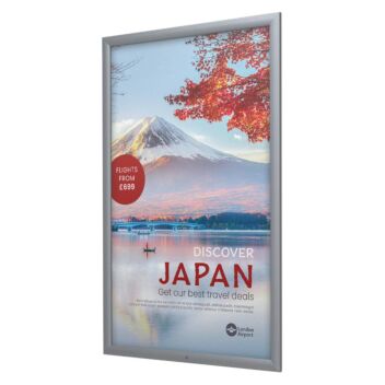 Travel promotion poster displayed in a waterproof double royal poster frame