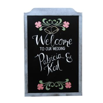 Rustic wood framed chalkboard with a grey stain welcoming wedding guests