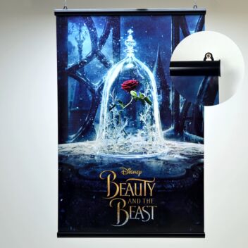 Maxi poster framed by a set of black poster rails