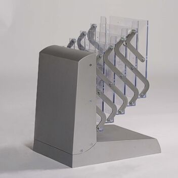 Literature stand for exhibitions with concertinaed pockets for easy storage 