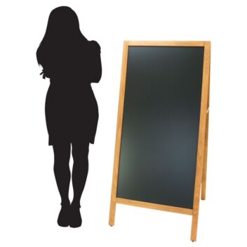 Tall wooden pavement a-board with size comparison