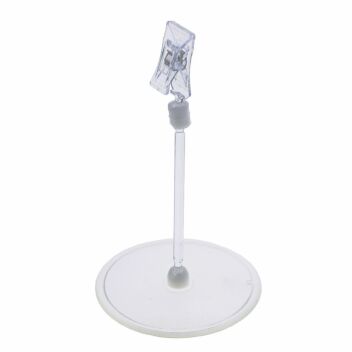 Clear plastic table-top stand with card clip